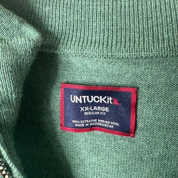 Untuckit Sweater Mens 2XL Green 1/4 Zip Extra Fine Merino Wool Pullover - Picture 2 of 7